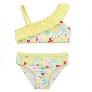 Wonder Nation Baby Girl Asymmetrical Yellow Floral 2 Piece Swimsuit Size 18M